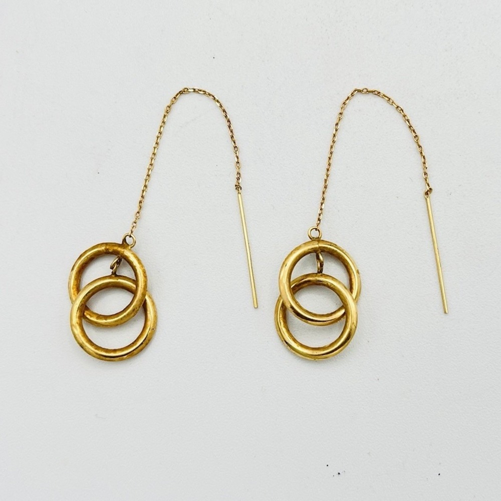 Vintage Double Ring Threader Dangle Earrings 14k Gold 1.32g JCM 3.5"